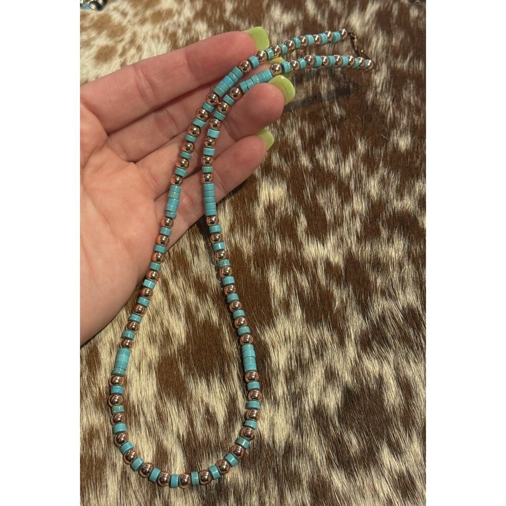 Native American 5mm Copper Navajo Pearl Blue Turquoise HEISHI Necklace 18”